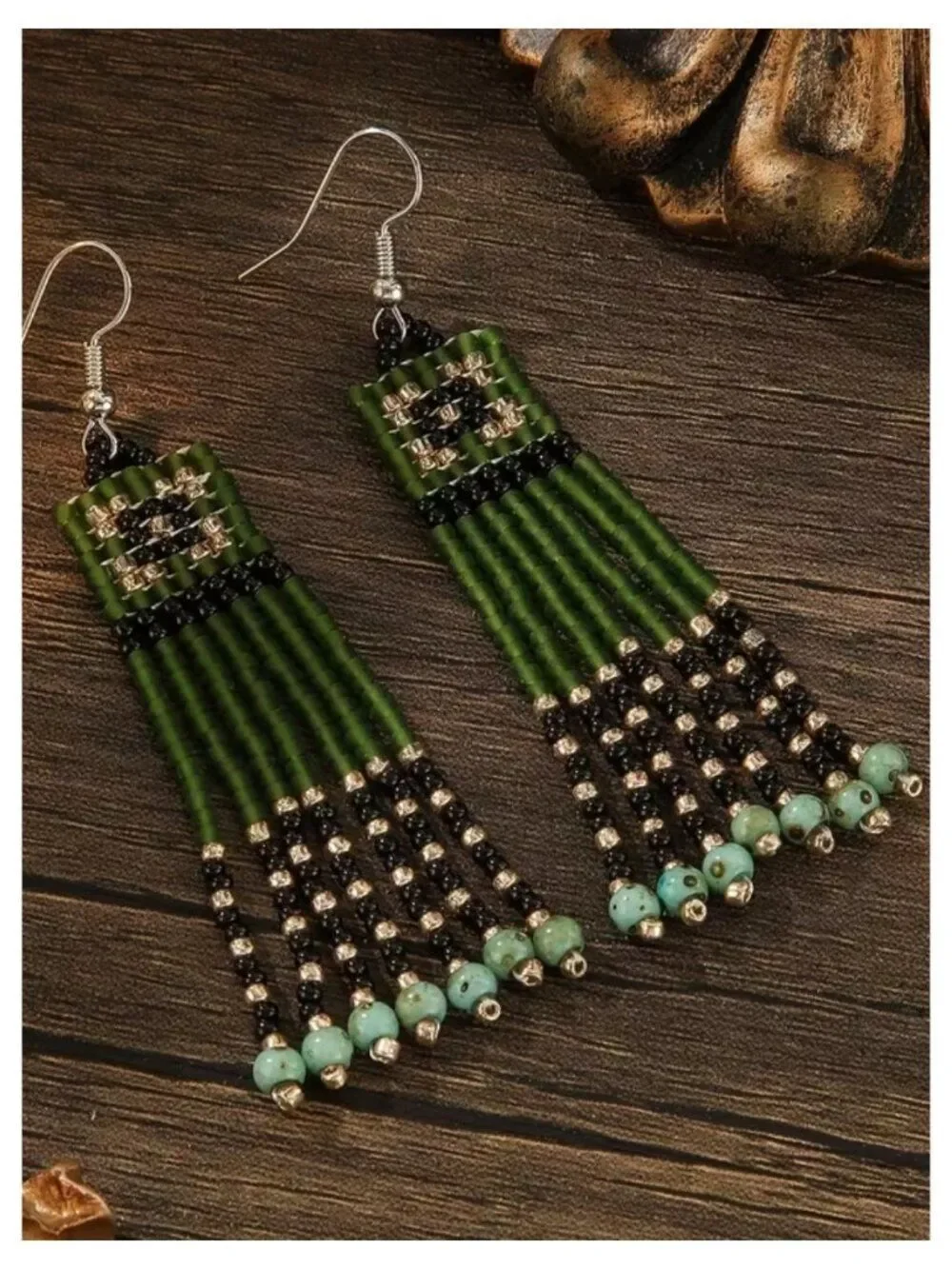 NWT Boho Green Glass Beaded Fringe Tassel Earrings Native Tribal Pattern